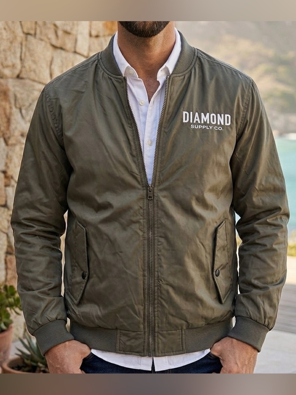 Diamond Supply Company Olive Green Zip Up Bomber Jacket NWOT Size Medium